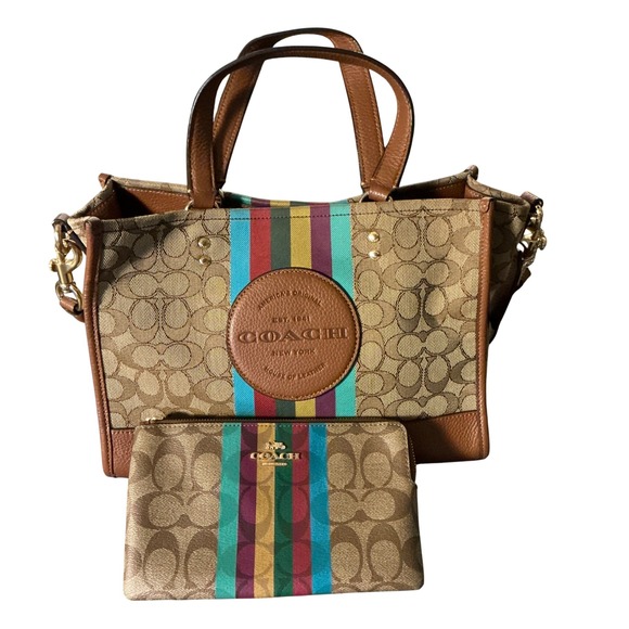 Coach Handbags - Coach Dempsey Tote 22 Signature Canvas Varsity Stripe Patch C5794 Brown Multi
